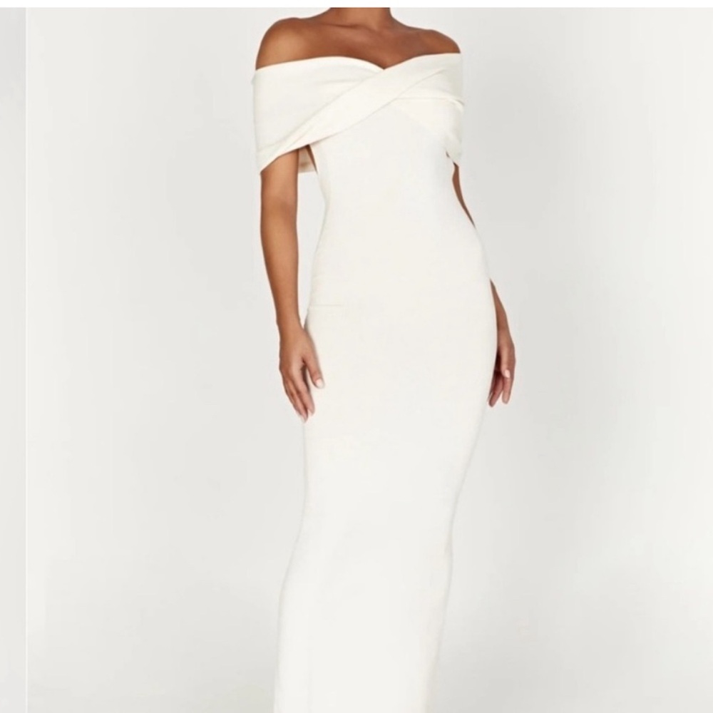 Meshki White Off-Shoulder Cap Sleeve Gown